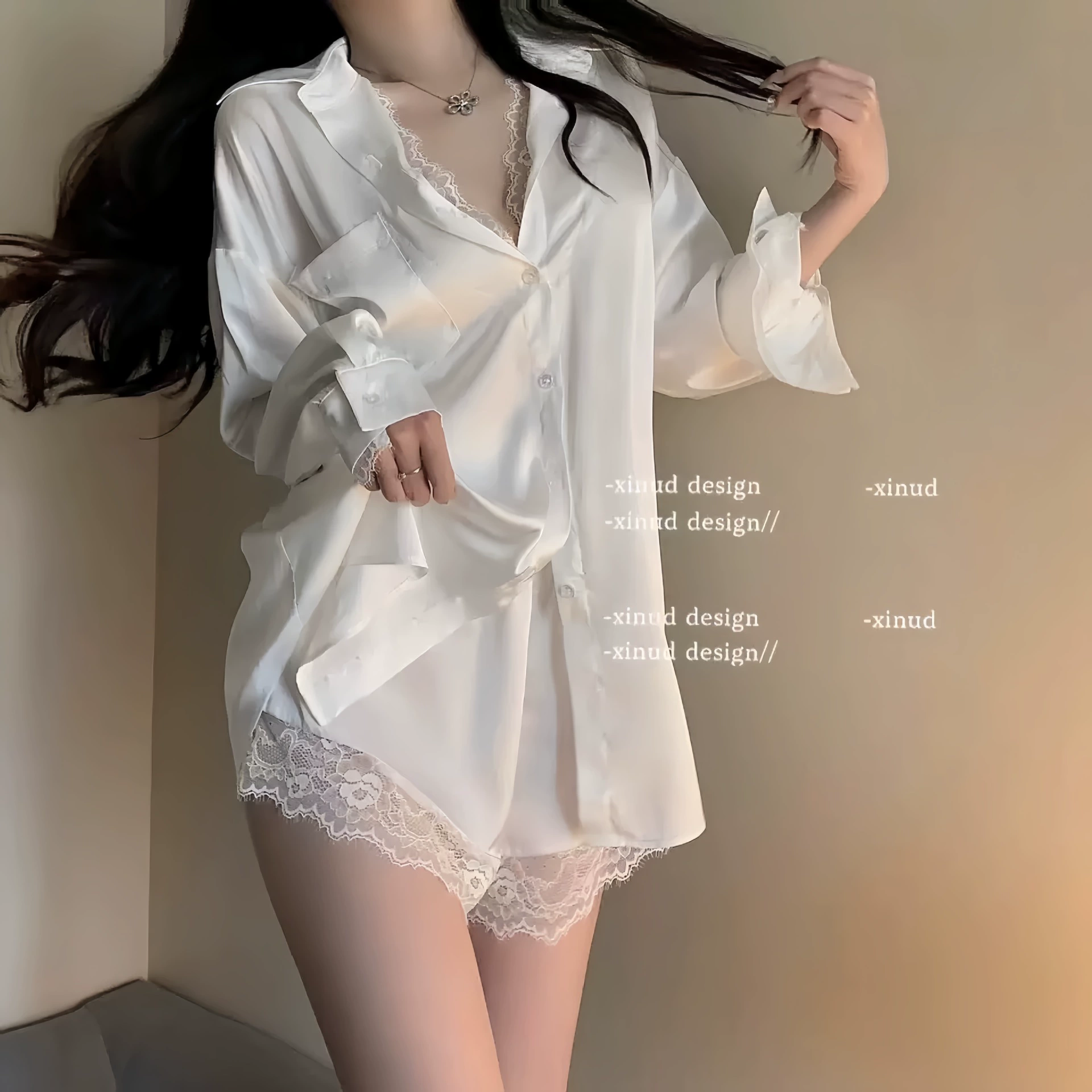 Пьяный подвал парень ветреная рубашка с ледяным шелком сексуальная пижама большого размера чистая женская кружева атласная накладная две части ночной одежды