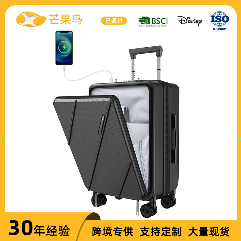 Vali nhựa PC 20 inch mở nắp trước, bánh xe êm, đa năng cho doanh nhân — Cửa trước 20 inch có cổng sạc và lớp mở rộng màu đen