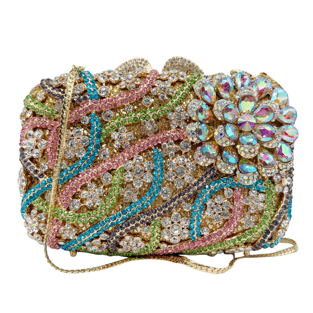 Túi clutch nữ đính kim cương cắt kim loại dự tiệc — màu vàng, hồng chi tiết 3
