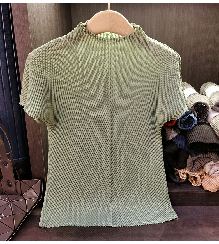 Áo thun nữ cổ đứng tay ngắn xếp ly vảy rồng màu trơn cao cấp — Màu hồng tím, Màu đen, Màu đỏ hoa hồng, màu xanh lá cây chi tiết 13