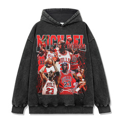 Cross-border American retro printed short-sleeved T-shirt washing old long-sleeved round neck loose casual hooded sweatshirt men's trendy