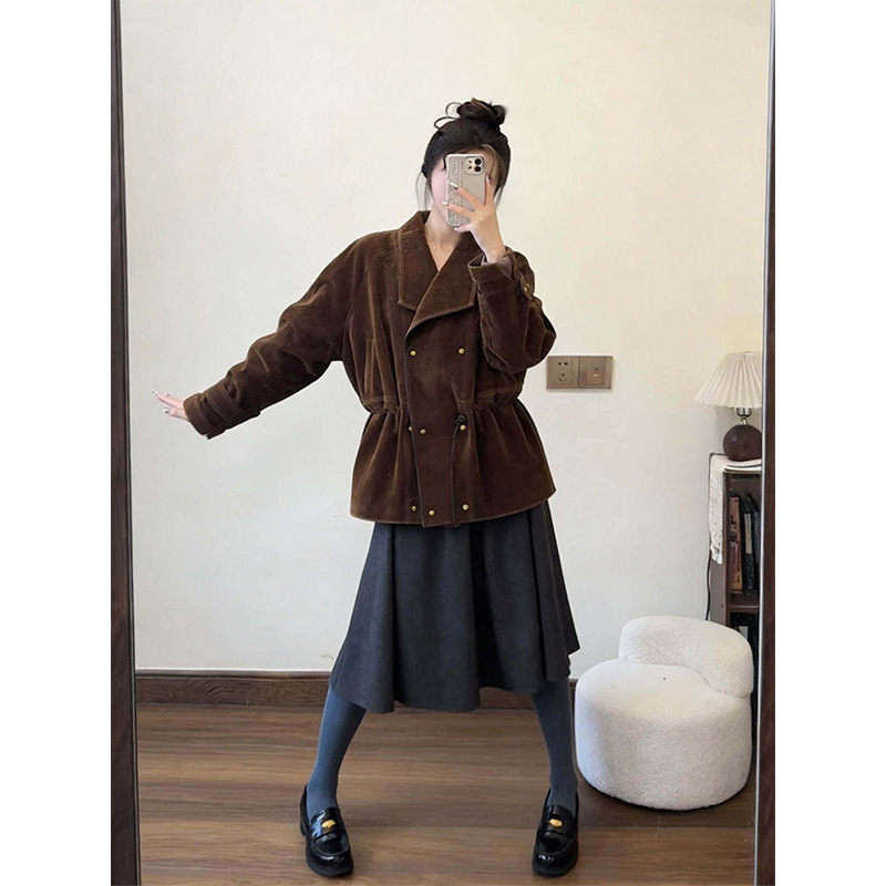 Vintage Coffee-Colored Denim Velvet Blazer, New High-End Maillard Style with a Turn-Down Collar, Waist-Cinching Jacket, Loose Fit
