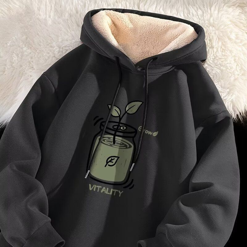 fleece-lined Thickened Sweatshirt Men's Autumn and Winter Youth Casual All-match Winter Hooded Lambskin Jacket Men's Autumn 12