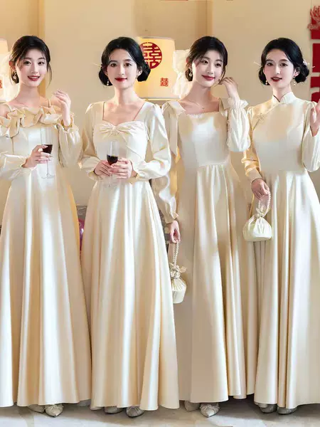 Bridesmaid Dress 2025 New Autumn and Winter Long-Sleeved Satin Sister Group Sister Group High-End Niche Dress Skirt Can Be Worn at Ordinary Times