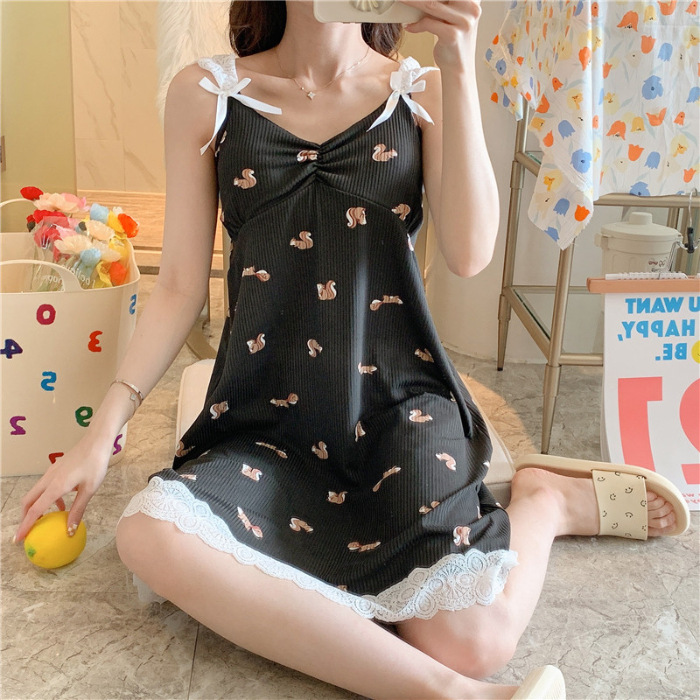 2023 pijamas de las mujeres del verano Correa camisón chica lindo encaje dulce princesa viento cinturón pecho pad desgaste en el hogar