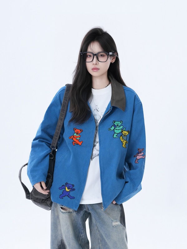 【坐吃山空】美式复古卡通小熊刺绣牛仔外套女设计感宽松潮牌夹克|undefined