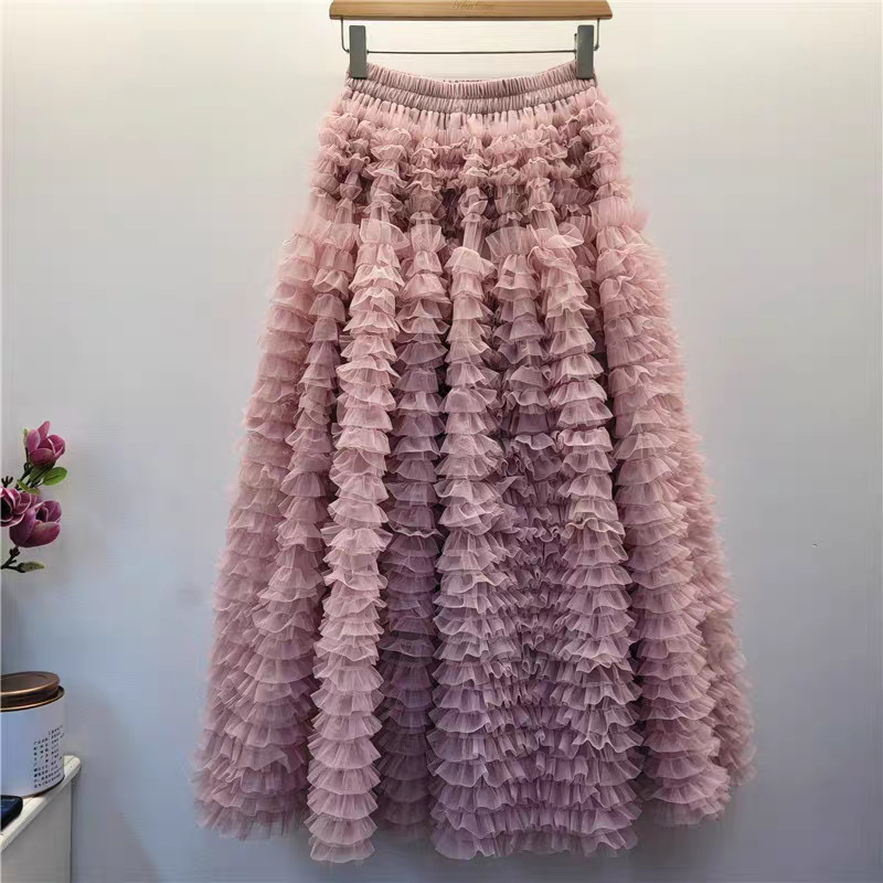 Nuochu】2026 Spring Puffy Skirt Cake Skirt Women's Heavy Industry Layered Mesh Design A-Line Midi Skirt