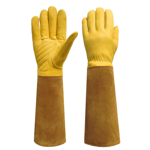 Aoki leather gardening gloves, extended and thickened cloth sleeve, welder's cut-resistant and puncture-proof, for planting and beekeeping, Amazon cross-border