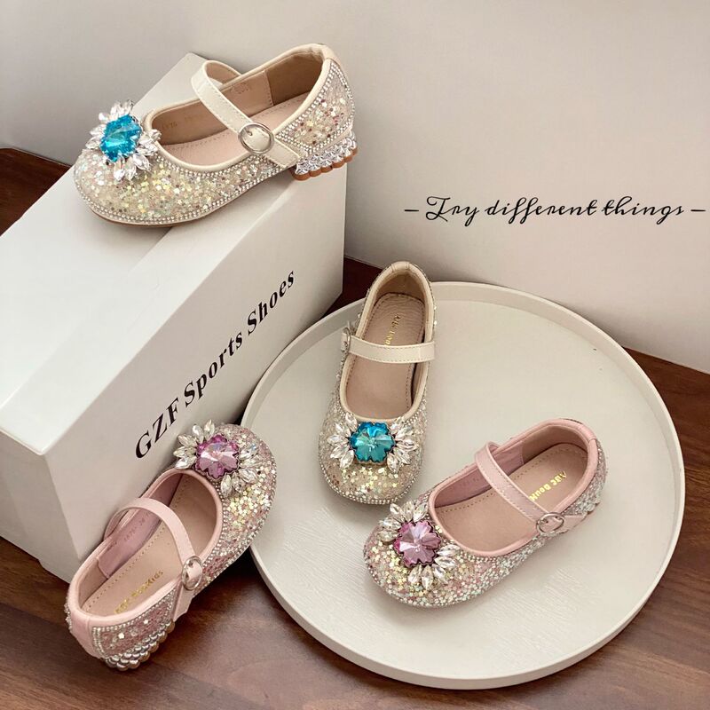 Children's Rhinestone Princess Shoes, Medium and Large Children's High Heels, New Elsa Crystal Shoes for All Seasons, Little Girls' Fashionable Leather Shoes