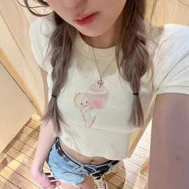 BM风 美式复古正肩短款T恤女棉甜辣上衣设计感蛋糕小天使短袖夏潮
