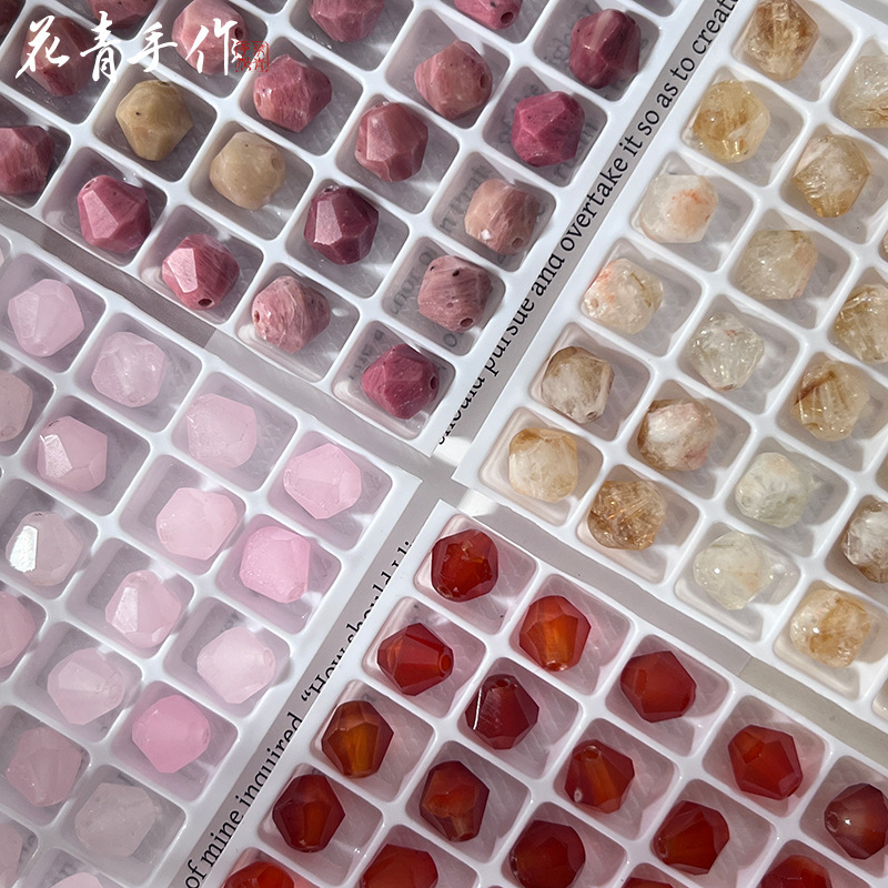 Wholesale 8X8mm Hard Cut Amethyst Citrine Powder Crystal Holed Natural Stone Special-Shaped Diamond DIY Bracelet Necklace