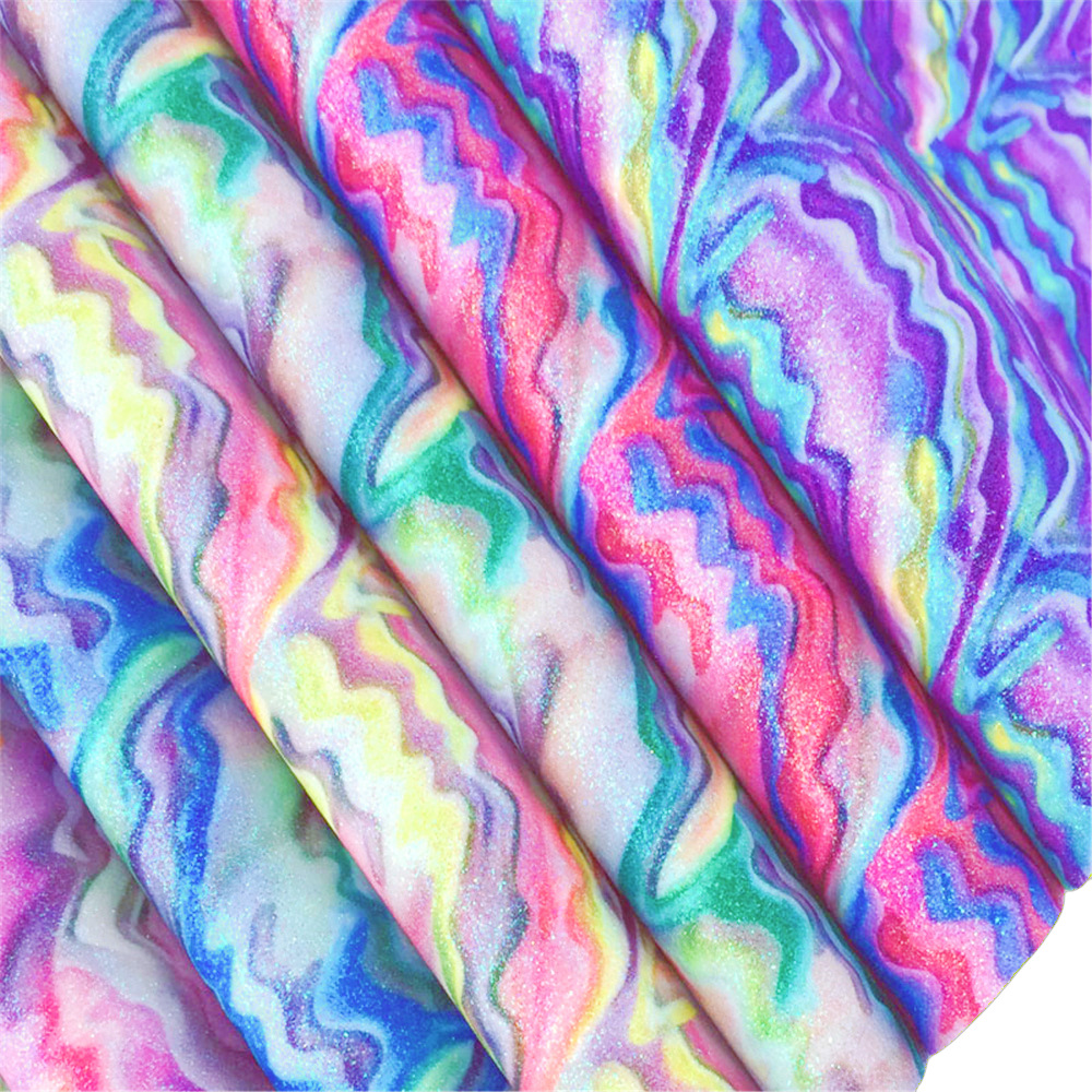 多彩海浪格丽特皮革扎染风格印花闪粉PU化妆包手袋皮带工艺品面料