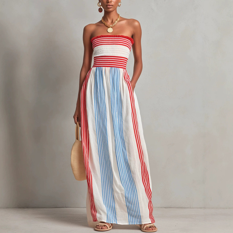 2026 New European and American Cross-Border Women's Elegant Striped Pleated Strapless Long Dress