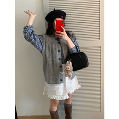 木四 纯色羊毛镂空马甲开衫女韩版早秋叠穿针织毛衣背心上衣M6498