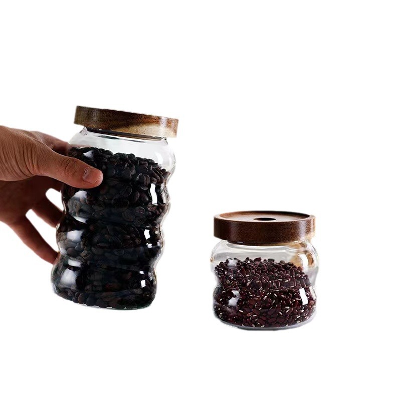 Granos de vidrio creativo frasco de almacenamiento martillo patrón Acacia tapa de madera frasco sellado frasco de almacenamiento de granos de café botella de almacenamiento