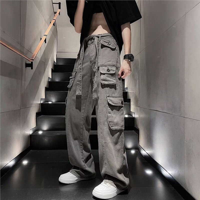 American high street multi-pocket retro overalls men's loose straight casual pants handsome fashion brand draping wide-leg pants