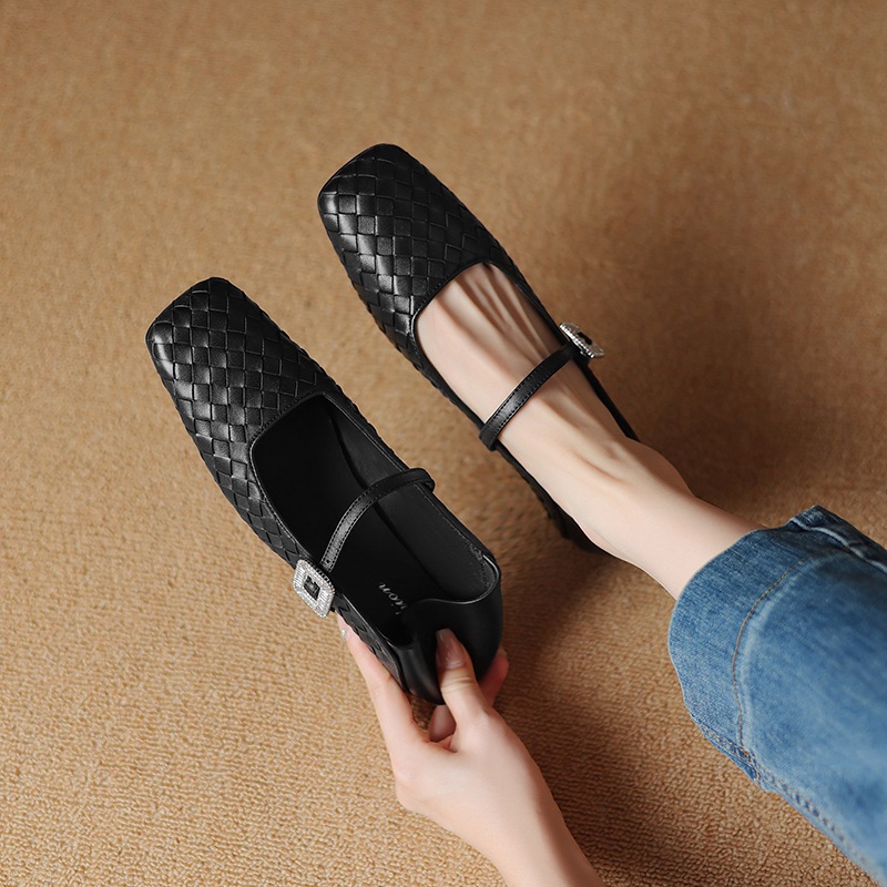 Retro autumn woven Mary Jane shoes low-cut square toe with…