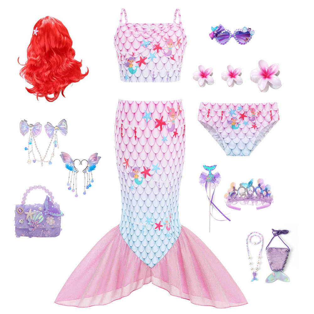 女童万圣节美人鱼分体套装裙子儿童洋气亮片无袖公主裙鱼尾长裙