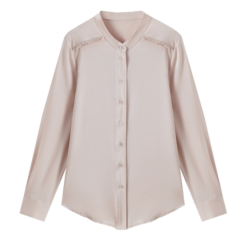 Spring elegant fashionable silk solid color shirt with a round…