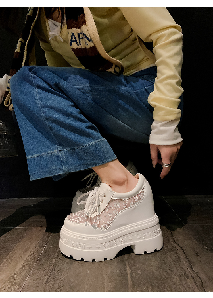 Giày sneaker nữ đế dày lưới thoáng khí, phối dây buộc phong cách loafer đế xuồng — Trắng 12cm, Trắng 15cm, Đen 12cm, Đen 15cm chi tiết 9