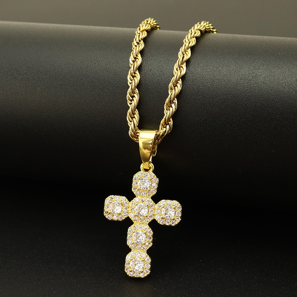 20g Weight Copper Inlaid Zircon Cross Pendant Necklace Personalized   Style Long Hemp Flowers Chain Sweater Chain Wear Accessory