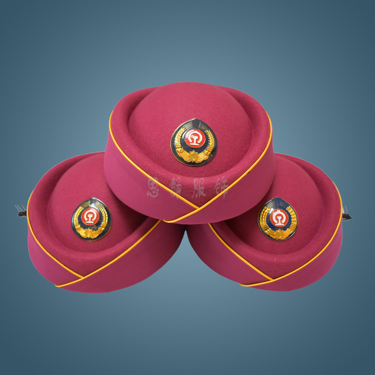 玫红色布包边圆顶高铁女士职业空姐帽舞台演出毛毡布金边铁路帽子|ru
