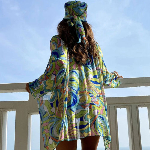 2024 New Printed Shawl Halter Neck Swimsuit Three-piece Set AliExpress Mesh Sunscreen Beach Spa Bikini