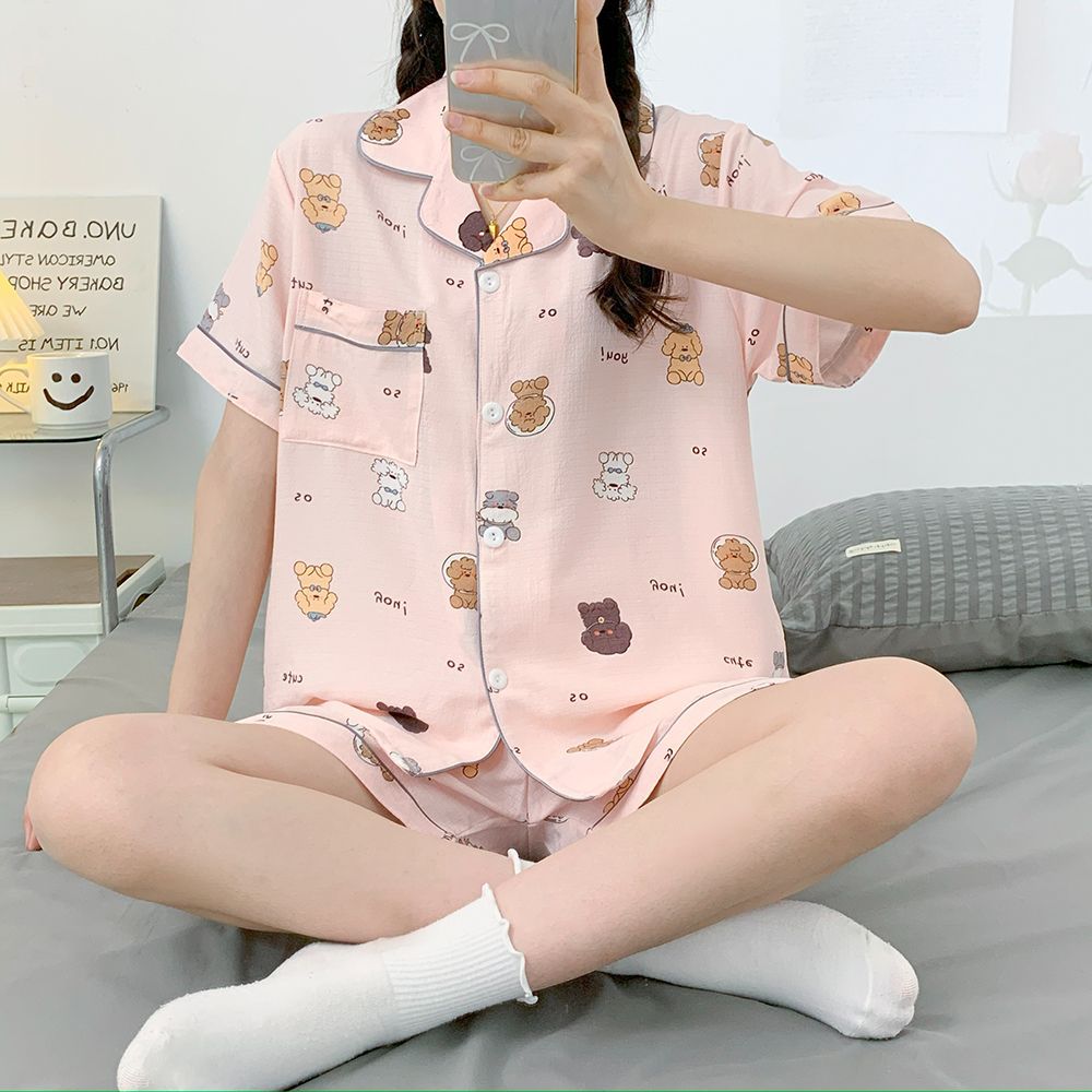 Pantalones cortos de manga corta al por mayor transfronterizos, rebeca, pijamas de solapa, ropa de hogar con estampado de arrugas de burbujas de verano para mujer