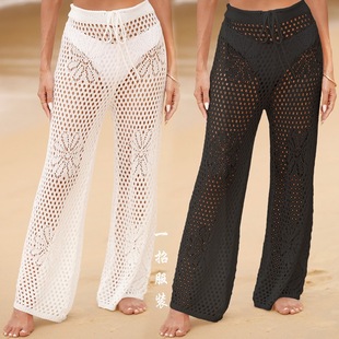 European and American Cross-border New Beach Blouse Drawstring Lace-up Pants Sexy Printed Hollow-out Sunscreen Woven Beach Pants