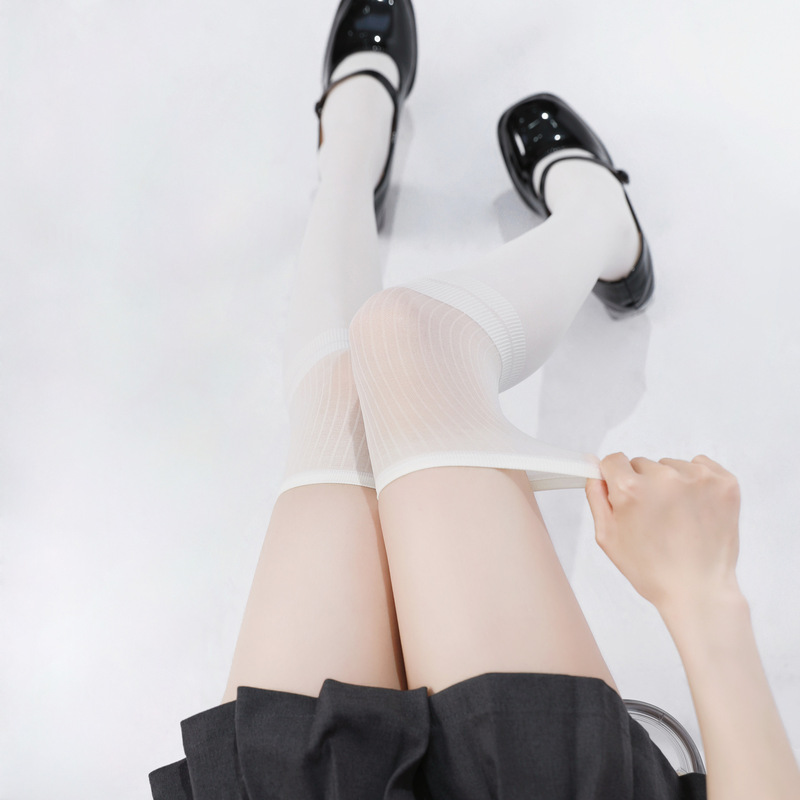 Japanese-Style Ultra-Thin Milky White Spliced Vertical Striped Over-The-Knee Stockings Jk High Tube Young Girl Sexy Black Long Leg Socks