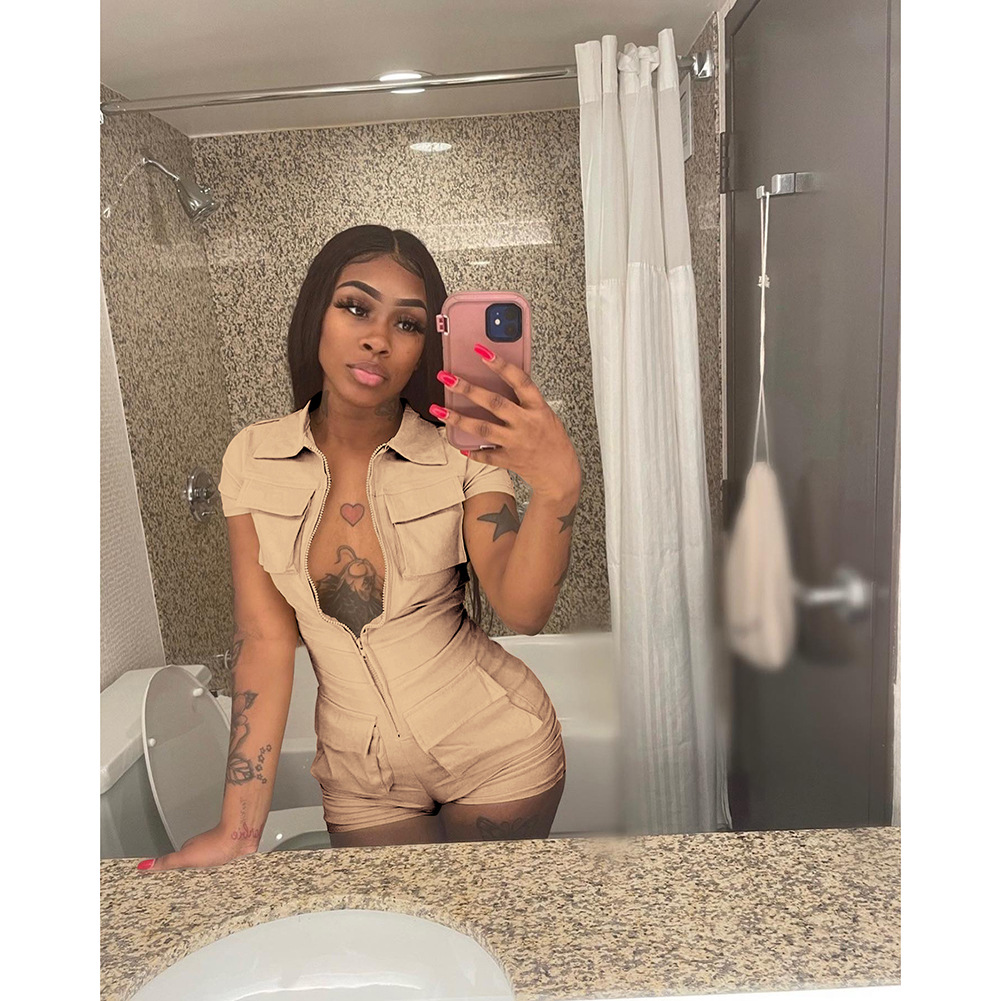 summer new zipper pocket solid color workwear jumpsuit_voghion.com