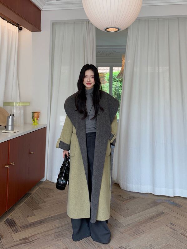 双面羊绒大衣女2025秋冬新款浴袍阔版大翻领双色慵懒宽松羊毛外套|undefined