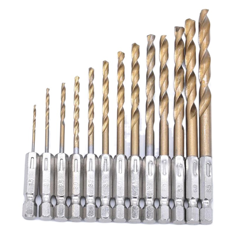 Taladro de torsión de vástago hexagonal 13 piezas de acero de alta velocidad Chapado en titanio 1,5-6,5mm traje taladro eléctrico lote de aire orificio abierto broca de torsión