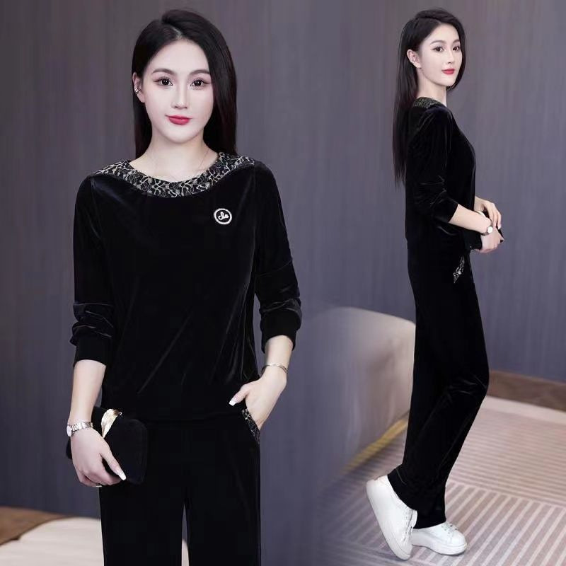 金丝绒刺绣套装女2025秋季新款洋气显瘦圆领套头休闲直筒裤两件套|undefined