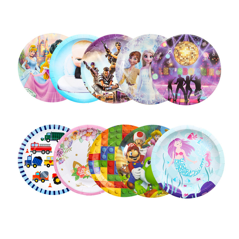 Wholesale cross-border in stock cartoon birthday party printing thickened collection 7 inch disposable plate