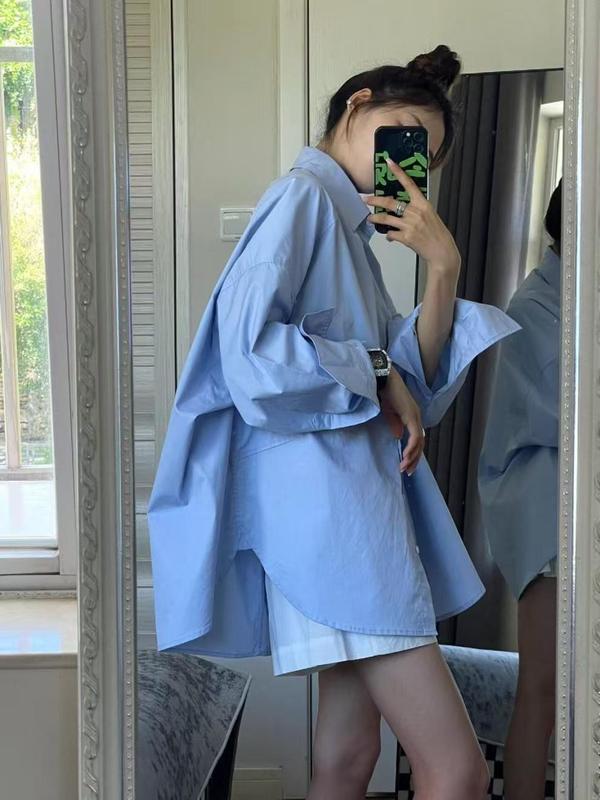 JYCCCCCC白色长袖衬衫女宽松纯色慵懒风早秋上衣女装日韩慵懒衬衫|undefined