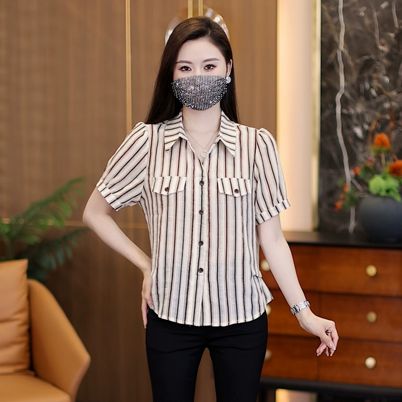 Полосатые топы с половиной рукавов, модные женские летние дышащие шифоновые рубашки, свободные и универсальные рубашки.