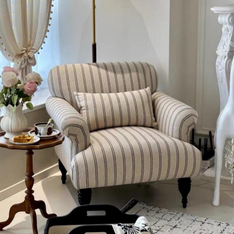 American-Style Retro Sofa Chair, French-Style Fabric Striped Homestay Living Room Bedroom Single Leisure Lazy Sofa Tiger Chair