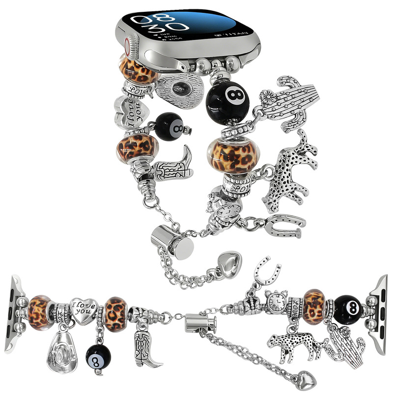 Suitable for Apple Watch, beaded strap, leopard print, No. 8 ball western style metal bracelet