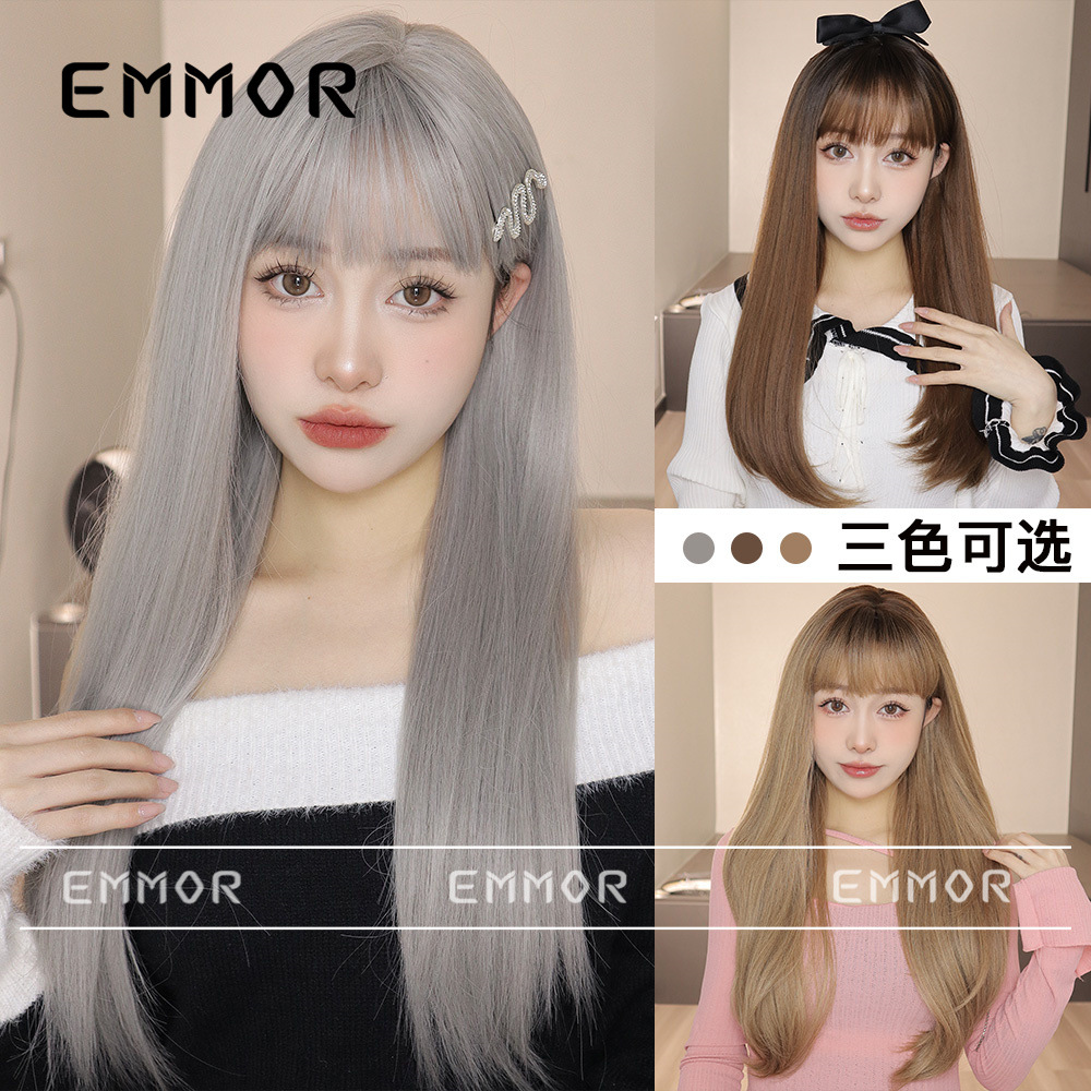 Estilo coreano JK Internet Celebrity ancla peluca femenina recta flequillo Pelo Largo sal dulce Lolit verano natural peluca