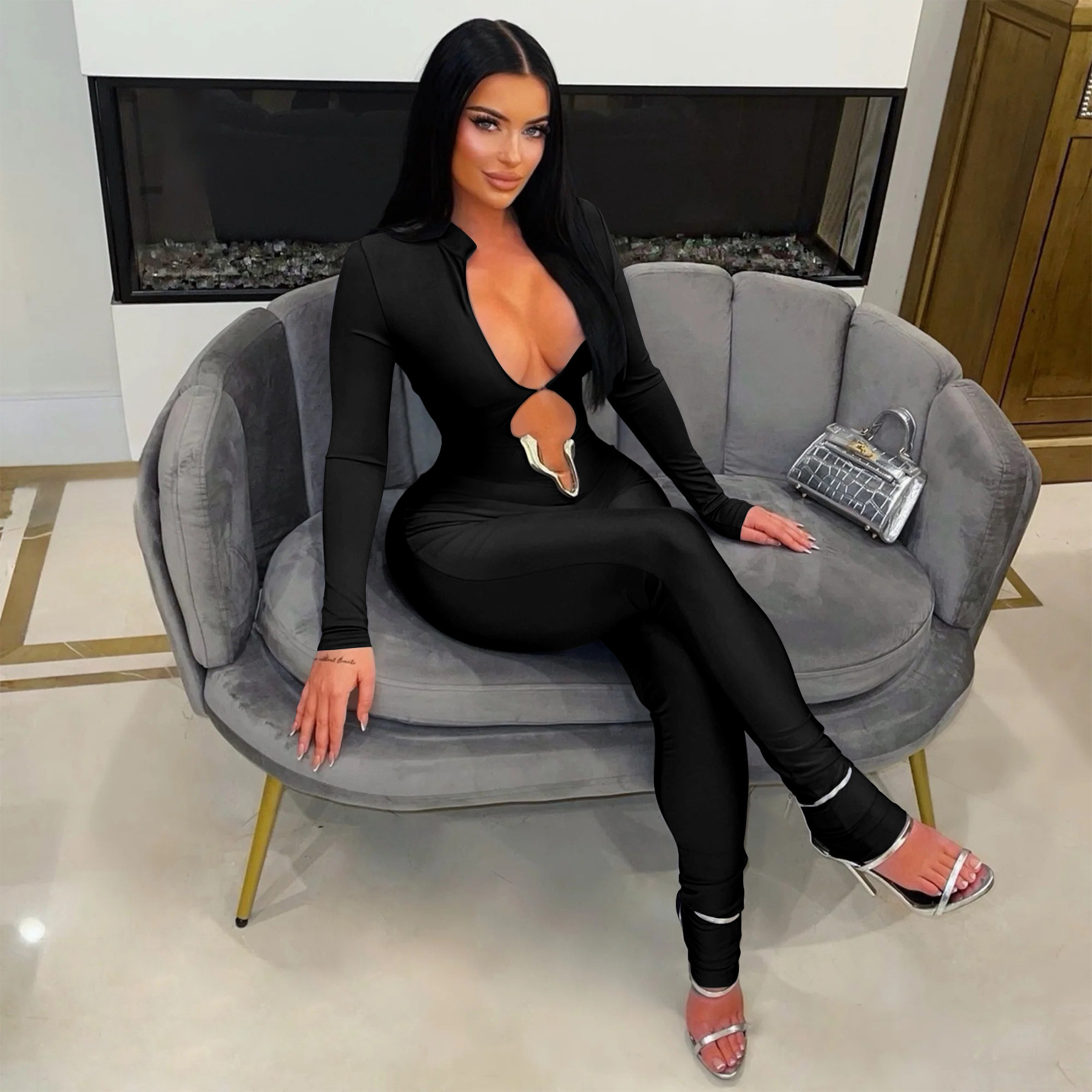 Sexy Deep V Long Sleeve Jumpsuit Solid Color Tight Fit_voghion.com