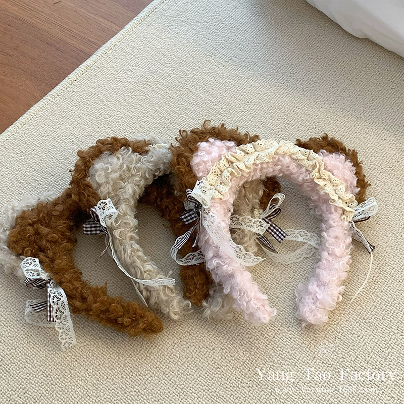 Bonito oso orejas cabello de cordero de encaje en el hogar lavarse la cara 2024 nuevo red lavarse la cara