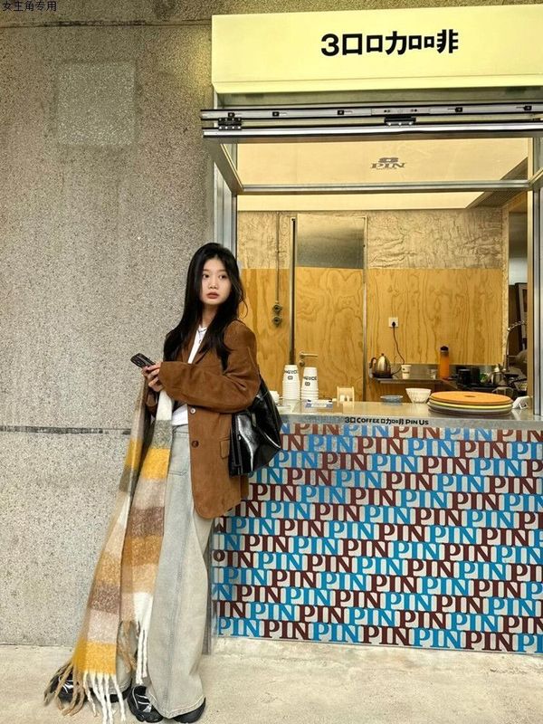 西装外套女春秋季新款休闲西服感棕色麂皮绒美拉德小个子|undefined