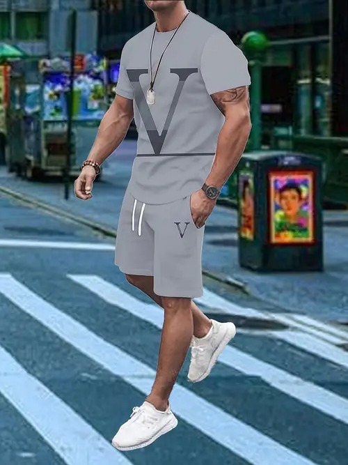 American Cross-border 2025 nueva tendencia de moda casual de manga corta cuello redondo camiseta pantalones cortos traje ME5 MA04