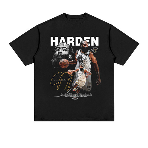 Harden James HARDEN American Street Print Short Sleeve T-Shirt Heavy Weight Washed Distressed Unisex Trendy Brand Top