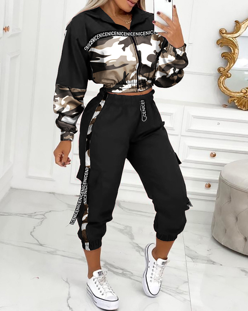 Women's Clothing New Clothing Fashion Camouflage Splicing Casual Suit_voghion.com
