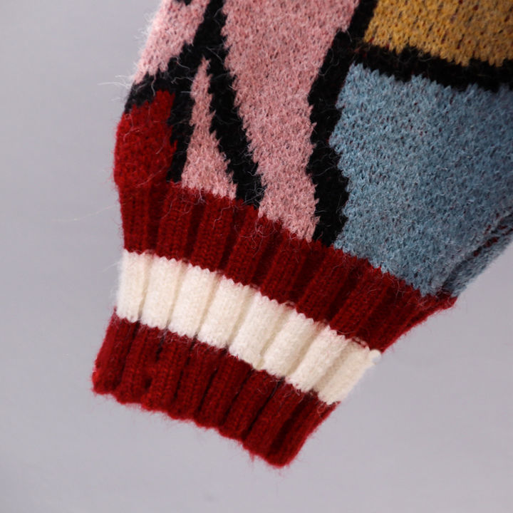 卡通鸭毛衣开衫女 慵懒风提花v领外搭针织衫秋冬新款跨境毛衣外套