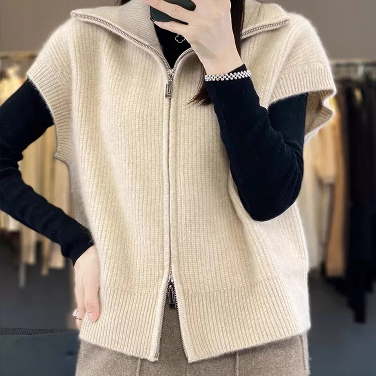 2026 Spring/Autumn/Winter new collection: high-neck, age-reducing knit sweater for women, with a slimming effect, featuring a double-zipper design, and available as a cardigan, vest, or waistcoat 2026 Spring/Autumn/Winter new collection: high-neck, age-reducing knit sweater for women, with a slimming effect, featuring a double-zipper design, and available as a cardigan, vest, or waistcoat