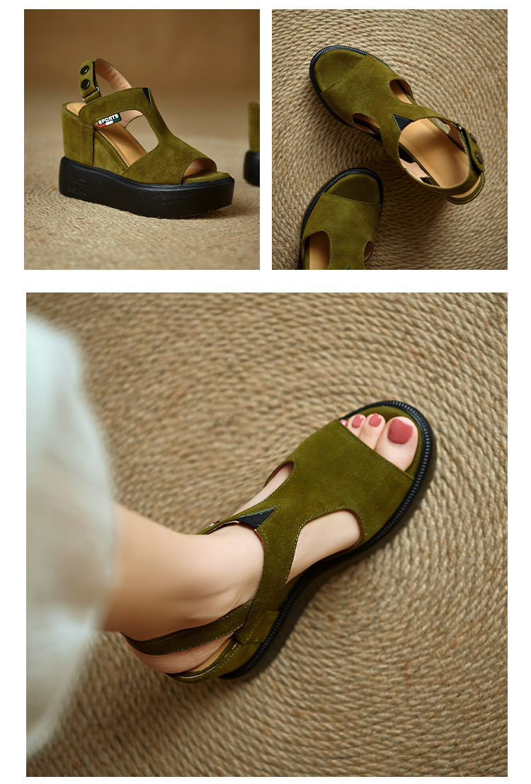 Sandal cao gót nữ hở mũi đế xuồng tăng chiều cao, phong cách La Mã, gót 9 cm — màu đen, xanh lá cây chi tiết 9