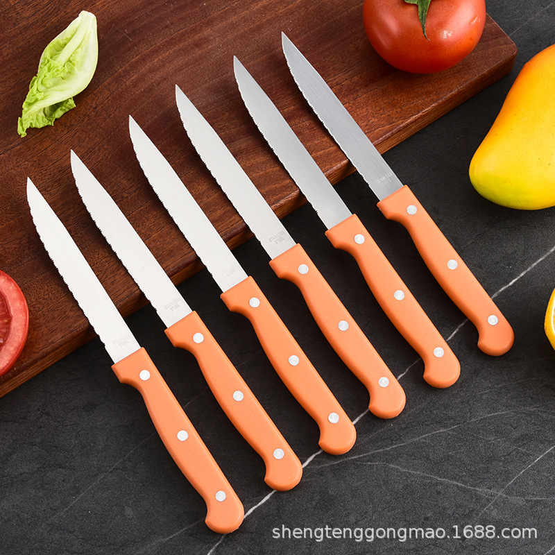 Fabricante al por mayor herramientas de cocina 7 piezas cuchillo de filete pequeño de tres ojos mango de clavos trapezoidal conjunto de utensilios de cocina